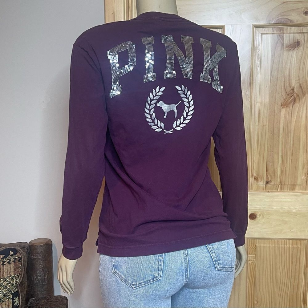 VS PINK Long Sleeve T Shirt Bling Dog Logo Burgundy Front Pocket Size XS Rare
